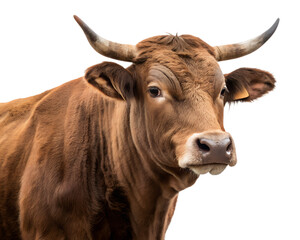 A brown cow with horns is staring at the camera. The cow's head is the main focus of the image, and it is looking directly at the viewer