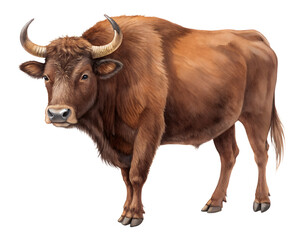 A large brown bull with horns stands in front of a white background. The bull's horns are prominently displayed, and it is a powerful and majestic animal. Concept of strength and dominance
