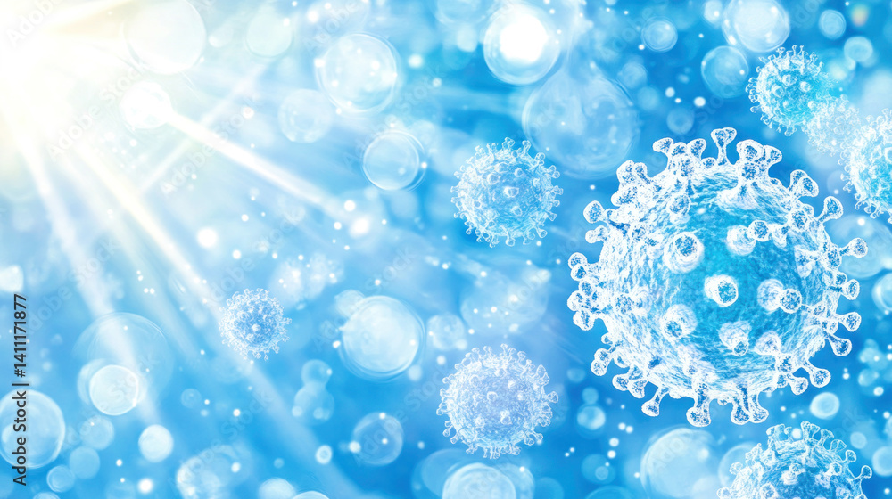 Poster a blue background with a virus in the middle surrounded by many small bubbles. the bubbles are scatt