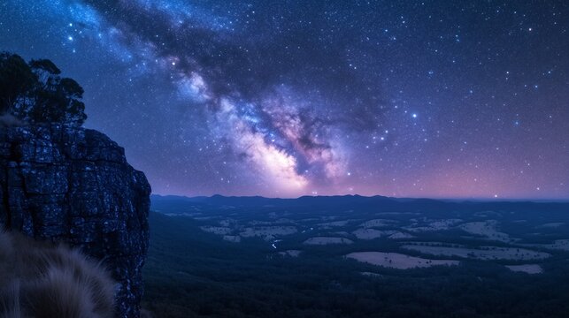 Breathtaking view of Milky Way galaxy from a high mountain peak looking down on a vast valley below bright stars scattered across the sky the landscape bathed in soft moonlight an awe inspiring scene