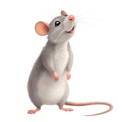 A cartoon mouse with a big smile on its face. The mouse is standing on its hind legs and looking up at the camera