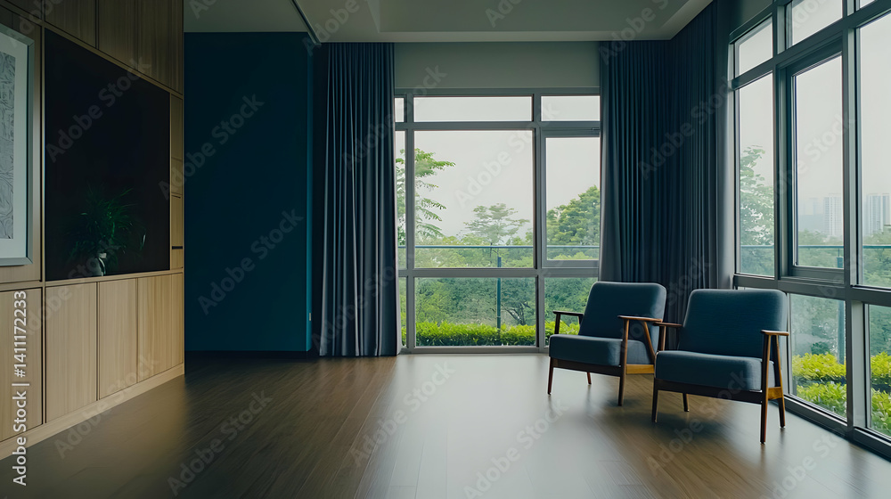 Poster Modern Empty Living Room With Large Windows And View Of Trees