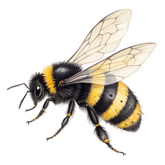 A bee with black and yellow stripes is flying in the air. The bee is the main focus of the image, and it is in motion. The bee's wings are spread out, and it seems to be in a state of flight