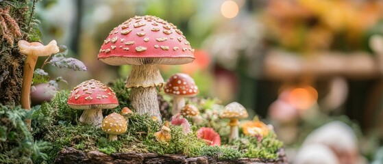 Colorful Fantasy Mushrooms in a Lush Garden Setting