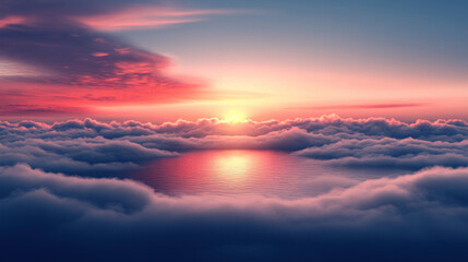 Fototapeta premium A beautiful sunset with a calm lake in the background. The sky is filled with clouds, and the sun is setting, casting a warm glow over the water. The scene is serene and peaceful, with the clouds