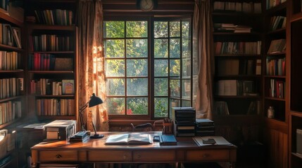 A Well Lit Cozy Library Interior Contains Books and Desk