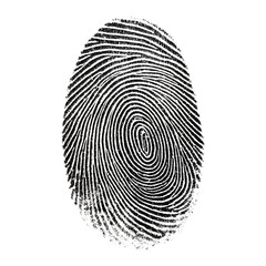 A black and white image of a fingerprint. The image is of a single fingerprint, with a black oval shape and white lines. Concept of mystery and intrigue, as fingerprints are unique to each individual