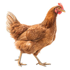 A chicken is walking on a white background. The chicken is brown and has a red beak