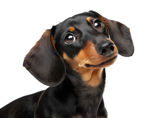 A black and brown dog with a brown nose and brown eyes is looking at the camera. The dog's ears are perked up, and it is curious or attentive