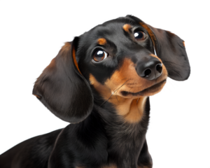 A black and brown dog with a brown nose and brown eyes is looking at the camera. The dog's ears are perked up, and it is curious or attentive