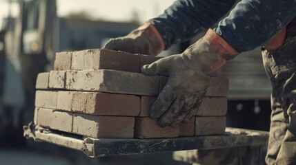 Construction laborer unloading heavy bricks from truck. Urban construction site