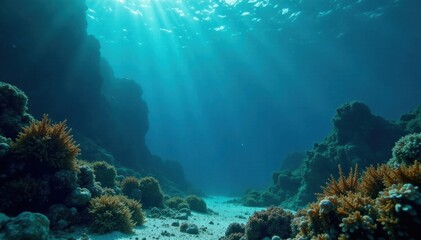 Fototapeta premium Underwater scene of dark blue ocean surface with scattered seaweed and small rocks, underwater, water