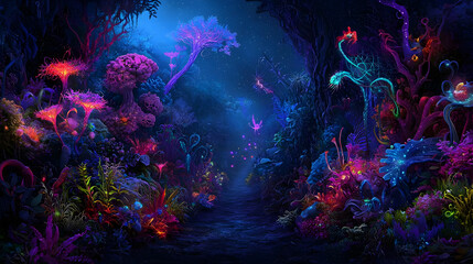 Fototapeta premium Glowing Magical Pixelated Forest At Night