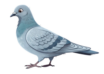 A cartoon pigeon is walking on a white background. The bird has a curious expression on its face