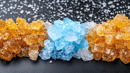 Obraz premium Crystalline Sugar or Mineral Clusters in Amber Blue and Clear Hues on Dark Surface