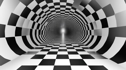 Abstract Black and White Tunnel with Checkered Pattern Visuals
