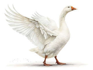 A white duck is standing on the ground with its wings spread out. Concept of freedom and lightness, as the duck appears to be in a relaxed and carefree state
