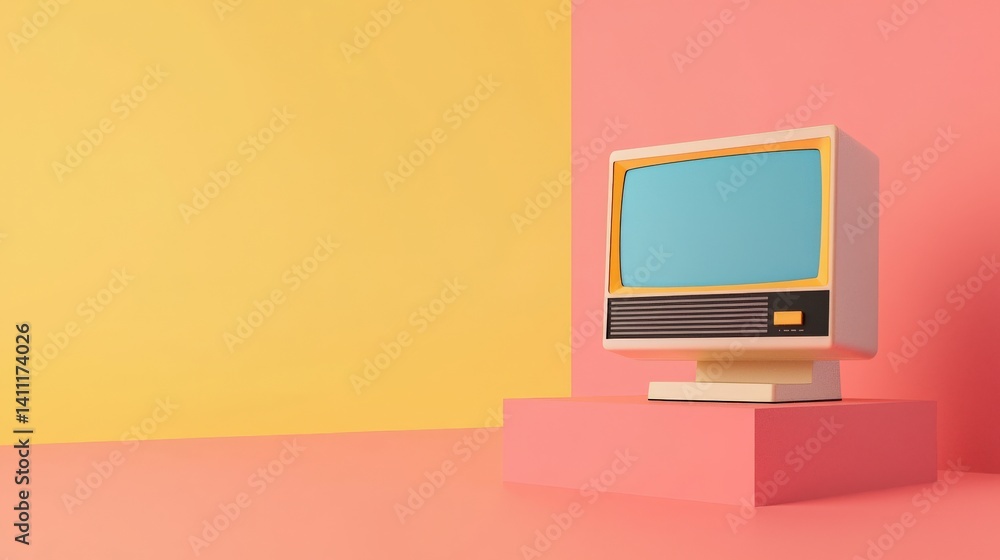Poster a 90s-style desktop computer with a glitchy vhs effect, computer of pop culture