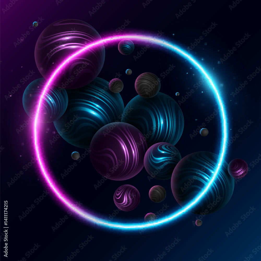 Poster futuristic neon banner with glowing and levitating 3d spheres textured with striped wavy pattern. ab