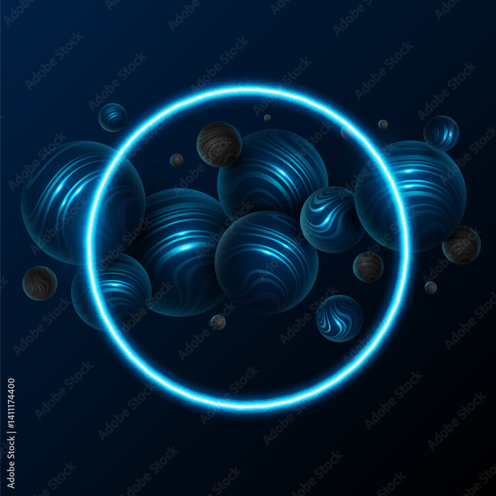Aufkleber futuristic neon banner with glowing and levitating 3d spheres textured with striped wavy pattern. ab