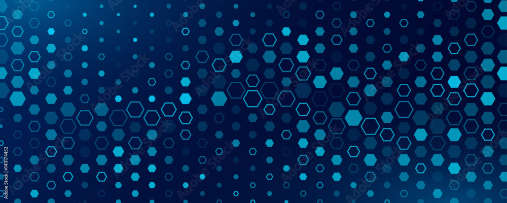 Poster futuristic fintech background. abstract pattern of blue hexagons. science research presentation back