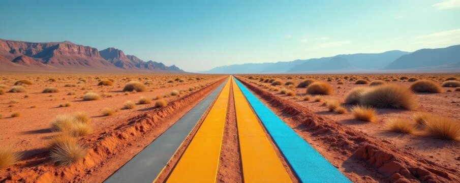 Parallel arrows on a barren landscape contrasting with vibrant colors and natural textures, Contrast, Disjointedness, Divergence