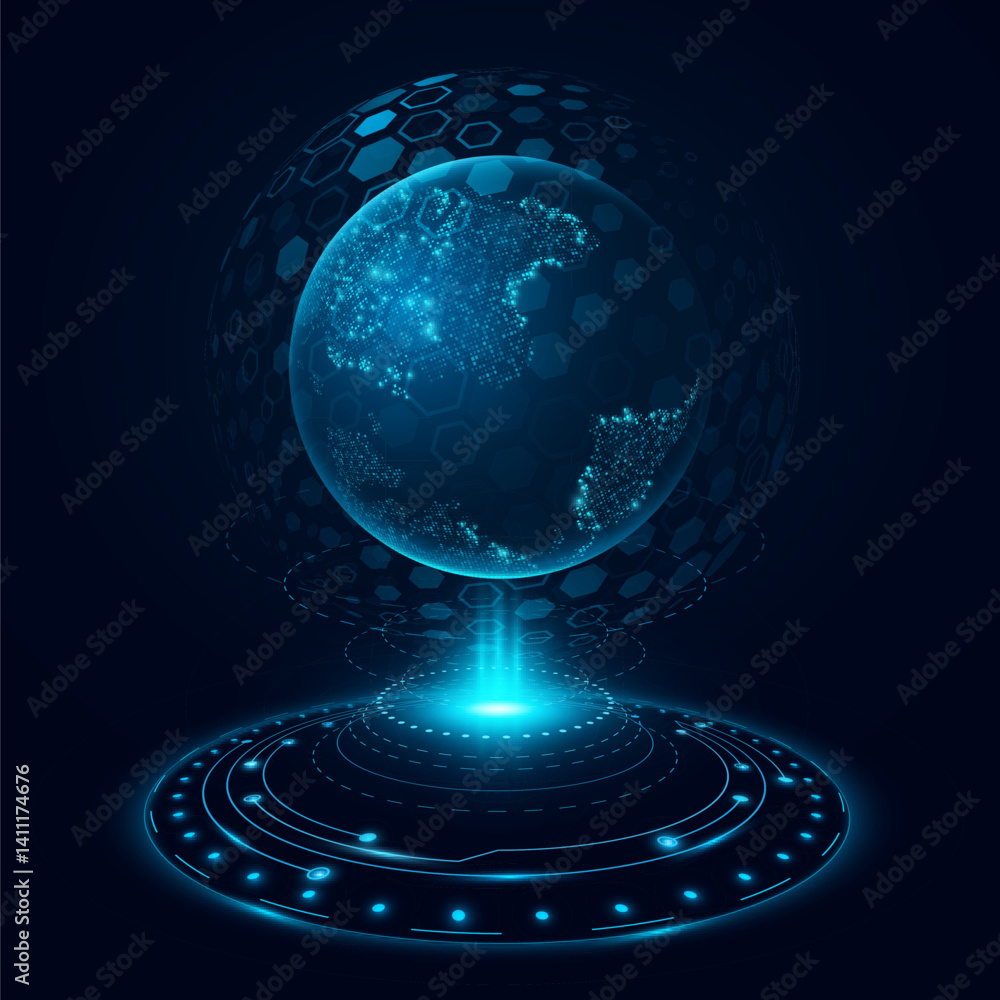 Poster futuristic hologram earth globe with glowing hud circle. digital world map with pattern of hexagons.