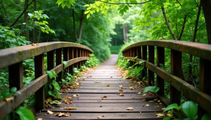 Weathered wooden bridge, rusty metal railing, tangled vines , rust, grunge
