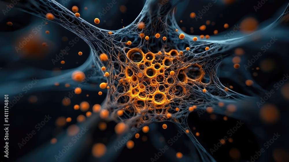 Poster biology cells adaptation concept. abstract representation of interconnected cells with glowing parti