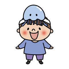 お遊戯会でクラゲのお面を被った男の子