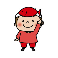 お遊戯会で赤い魚のお面を被った男の子