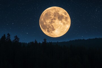 Giant full moon rising above a dark dense forest casting a soft pale light on the trees the surrounding sky filled with scattered stars a mystical and serene atmosphere enveloping the landscape