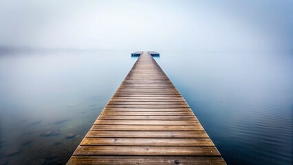 Obraz premium Foggy Pier Macro Photography: Wooden Dock Extending into Misty Water, Isolated White Background
