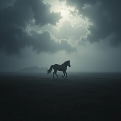 Horse Galloping Across Misty Field Under Dramatic Cloudy Sky