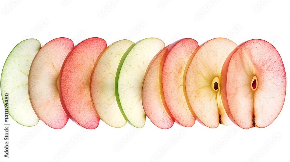 Poster a row of vibrant apple slices, showcasing a gradient of colors from green to red. the slices are thi