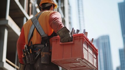 Construction worker carrying tools on a job site. Featuring hard work and preparation