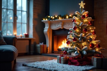 Obraz premium Snowy Christmas tree with ornaments and lights in a cozy room, evergreen tree, Christmas decor