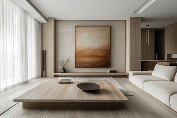 Modern Minimalist Living Room Interior Design with Wooden Coffee Table and Abstract Art