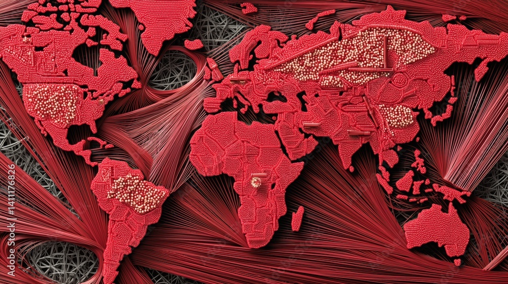 Poster abstract world map with intricate patterns and red tones. reciprocal tariffs, import tax, economic i