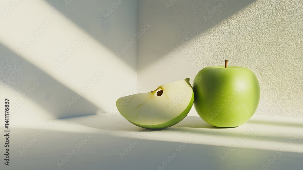 Poster a whole green apple and a slice rest on a white surface, bathed in sunlight. the scene is minimalist