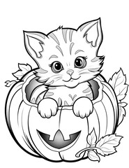 Fototapeta premium Cute kitten inside a Halloween pumpkin drawing. Coloring page