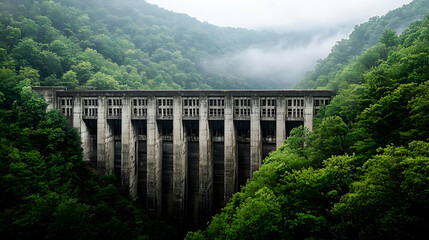 Abandoned Concrete Dam In Misty Mountain Valley With Lush Green Trees
