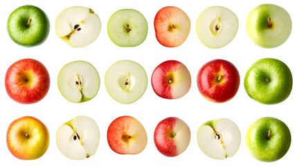 A collection of whole and halved red, green, and yellow apples.  Perfect for healthy eating, recipes, or apple-themed projects. High-resolution images with crisp details.
