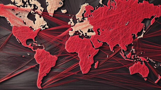 World map with interconnected lines in red and beige tones. Reciprocal tariffs, import tax, economic impact