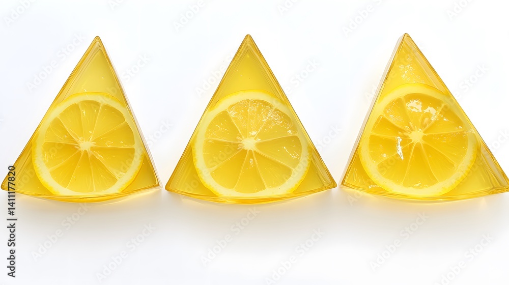 Poster three triangular clear containers filled with lemon slices and a yellow liquid, arranged in a row ag