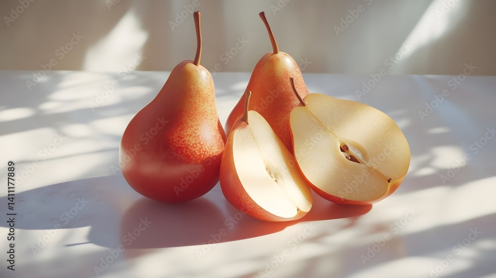 Poster three ripe red pears, two whole and one sliced in half, bathed in sunlight on a white surface. the s
