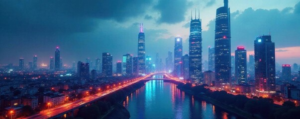 Fototapeta premium Industrial blueprint overlay on a futuristic cityscape, metallic, cityscape, night sky