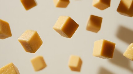 Multiple golden-yellow caramel cubes float against a light beige background.  The cubes appear sweet and delicious, captured in mid-air with soft lighting.