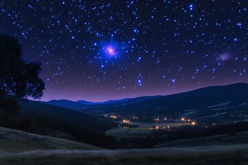 Fototapeta premium Peaceful valley illuminated by thousands of stars the Great Orion Nebula clearly visible in the sky soft gradient from navy blue to deep purple the valley lit by soft moonlight