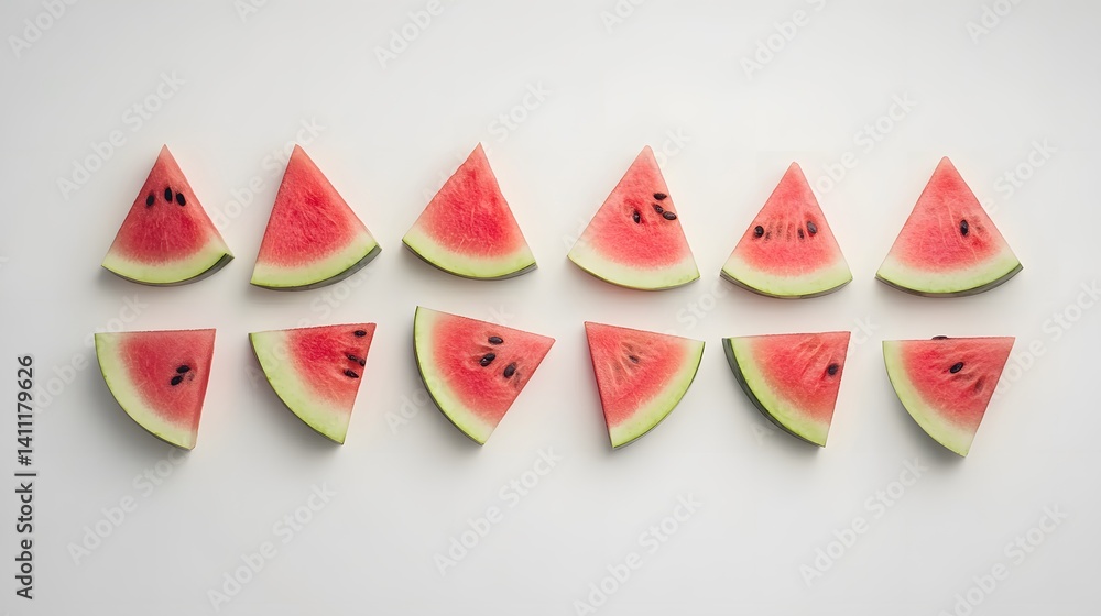Poster twelve juicy watermelon slices arranged in four rows of three on a white background. perfect for sum